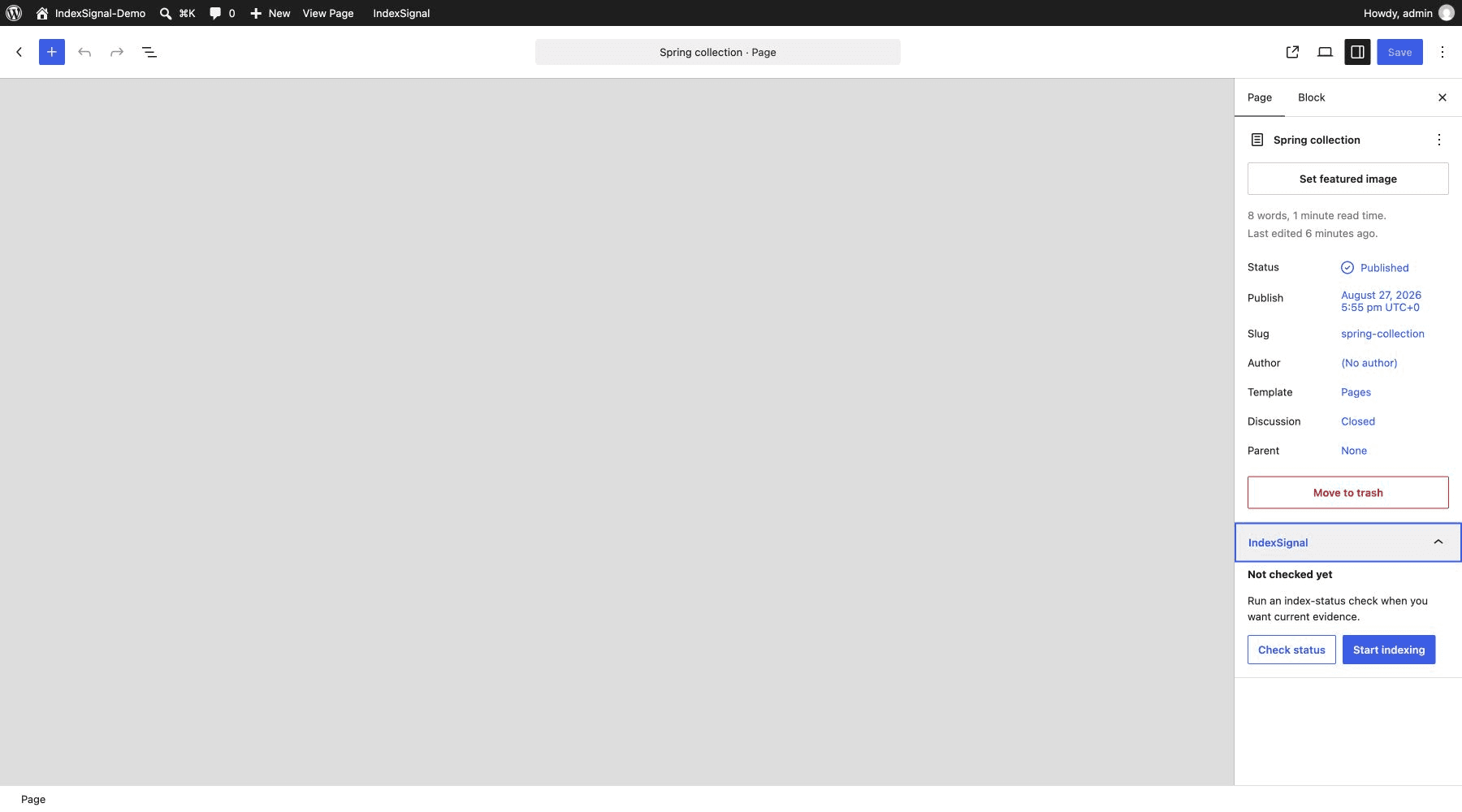 IndexSignal check status and start indexing actions in the Gutenberg editor