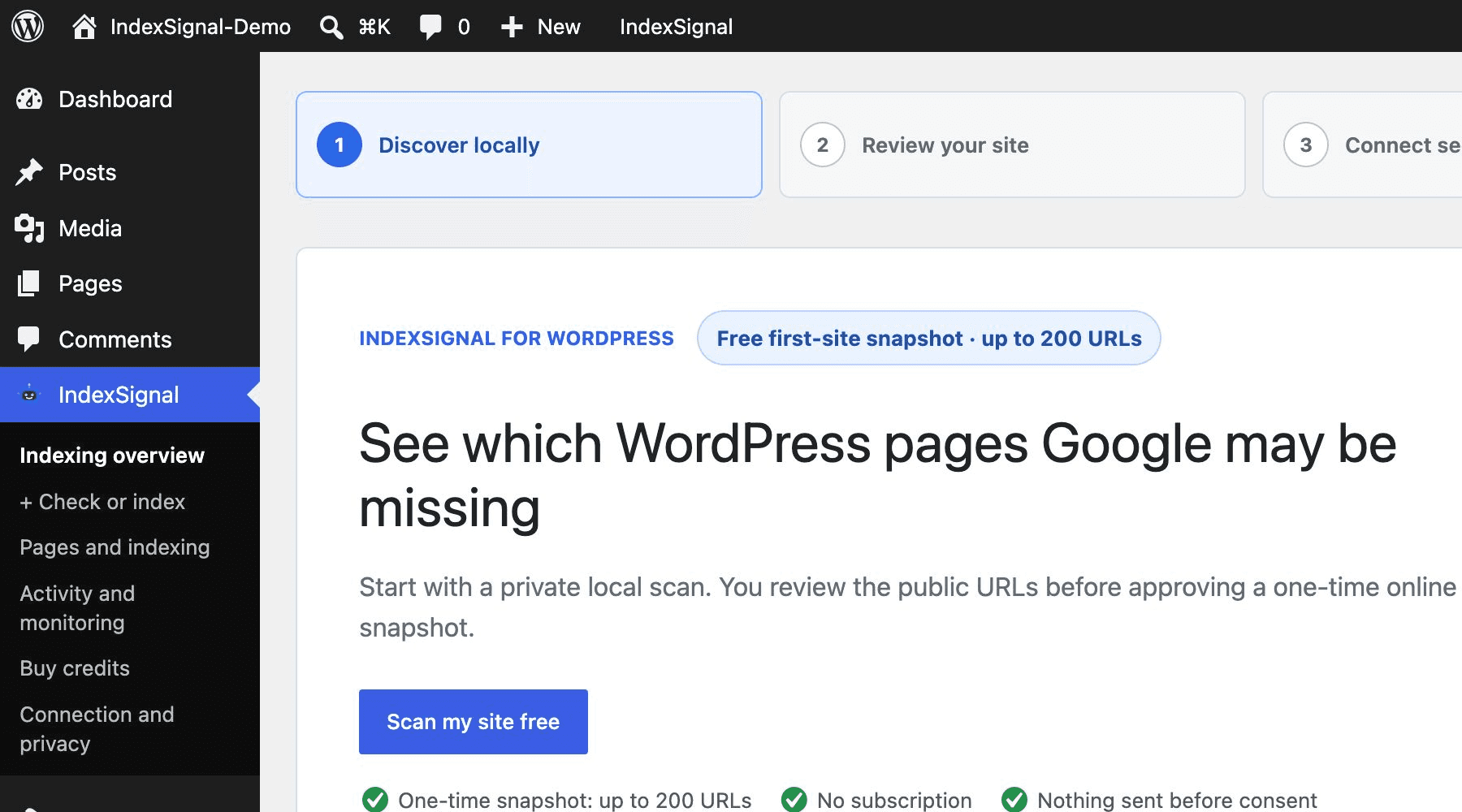 IndexSignal private local discovery screen in WordPress admin